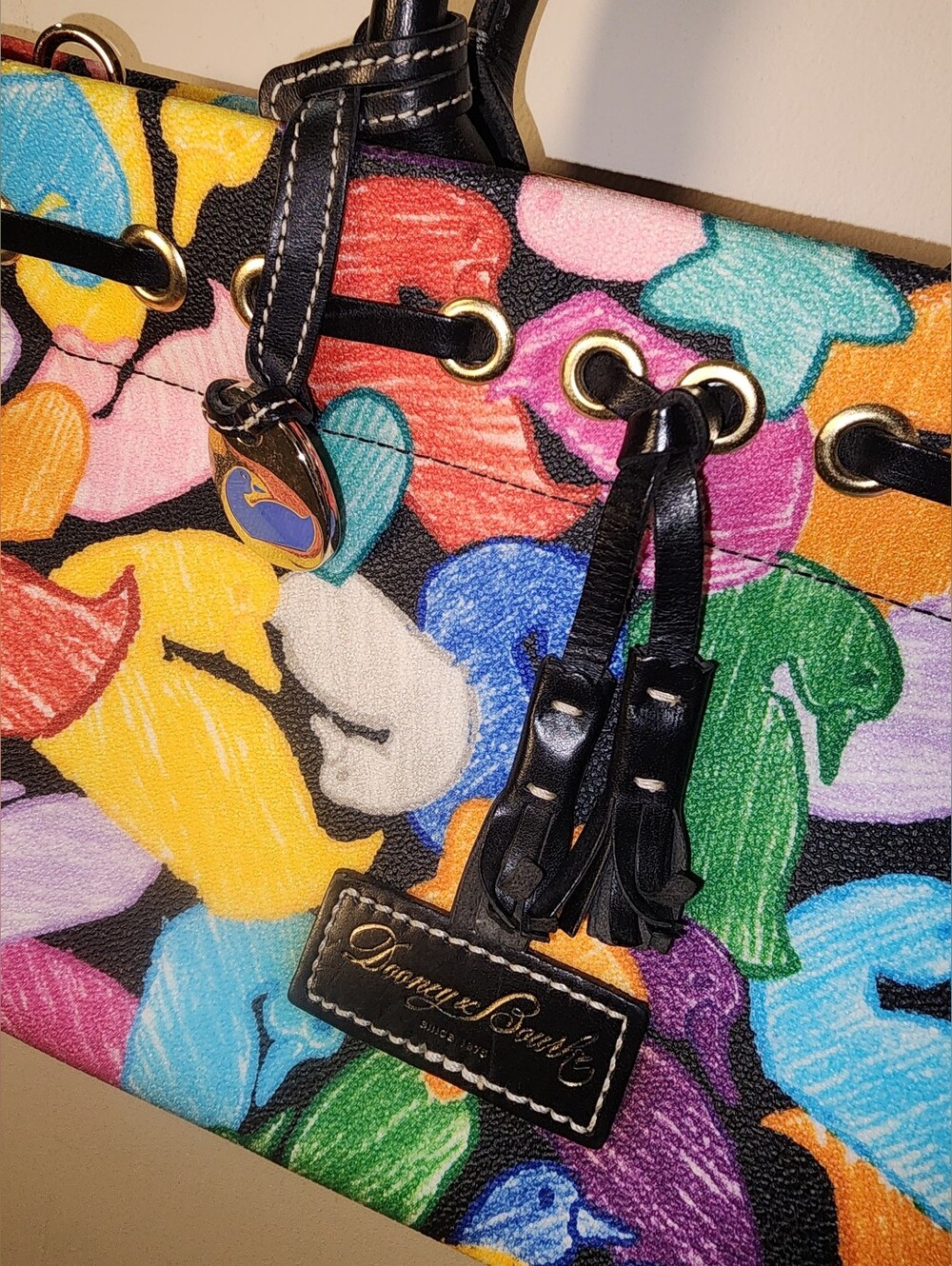 Dooney And Bourke Wonder Duck Multicolor Vintage Satchel Purse Rainbow Leather - Picture 3 of 13